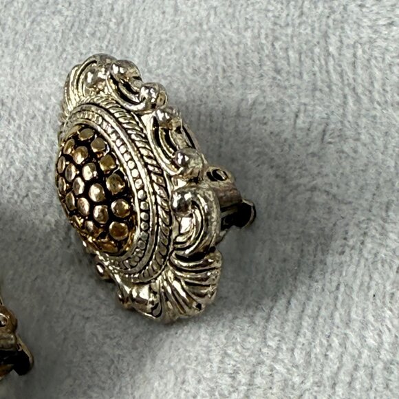 Vintage Ornate Silver & Gold-Tone Clip-On Earrings Women Classic Textured Design - Picture 10 of 16